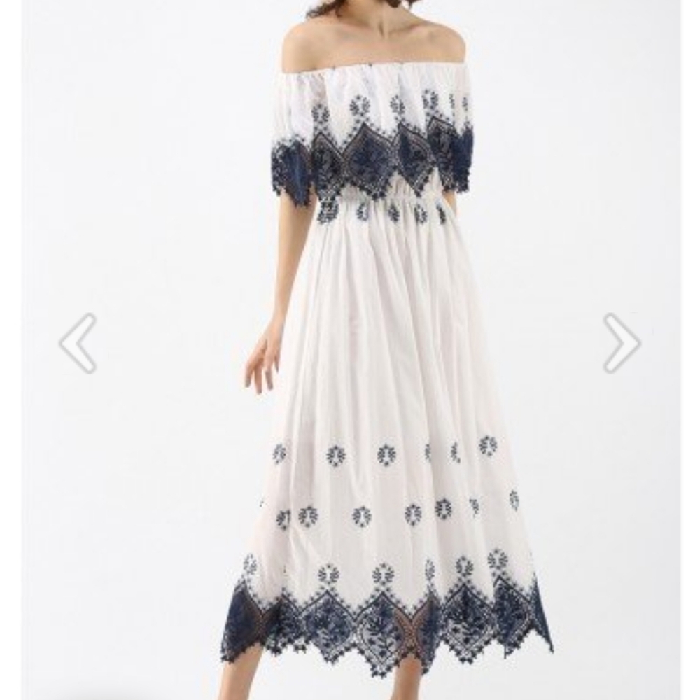 Blue and white off the shoulder midi dress
